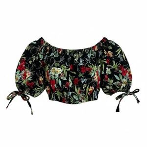 Black Floral Off Shoulder‎ Puff Sleeve Crop Top Women's Size S Boho Festival